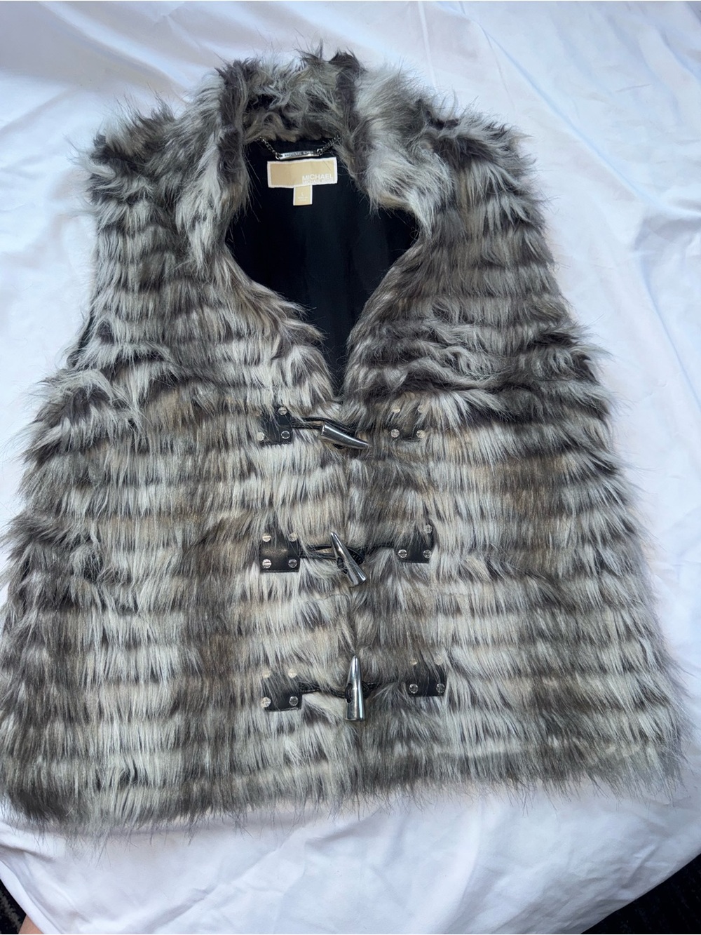 Michael Kors Gray Striped Faux Fur Toggle Vest